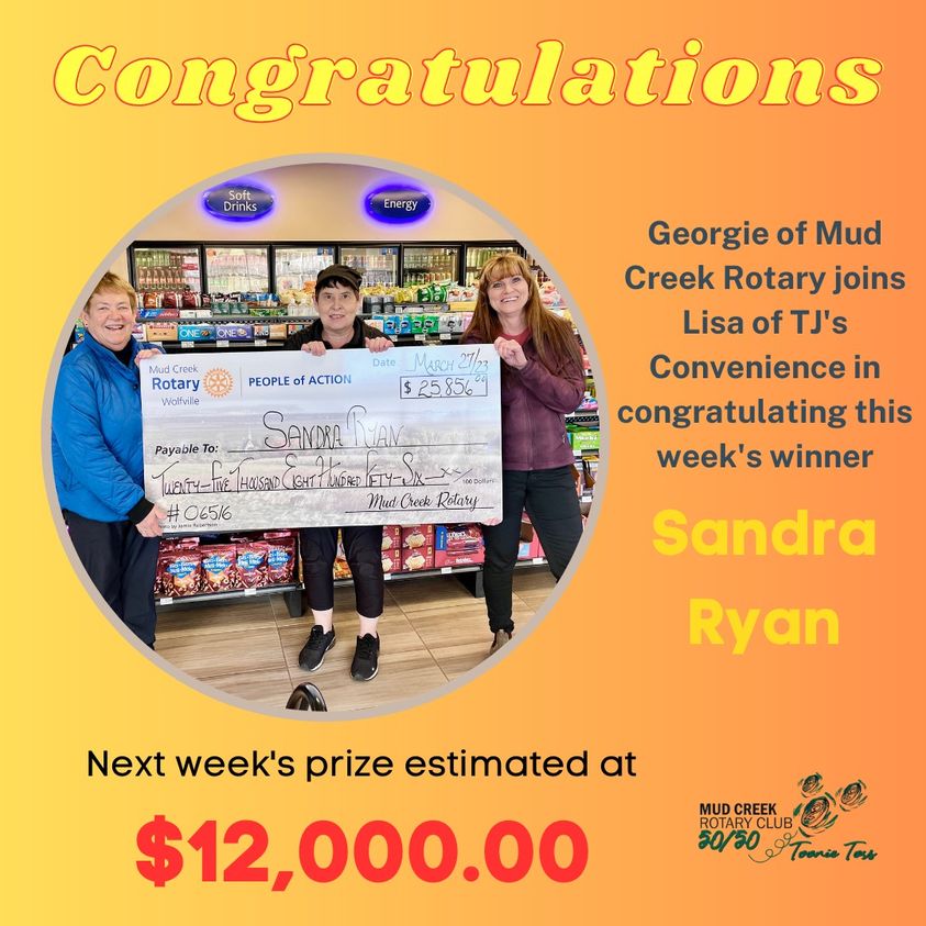 2023 03 27 Toonie Toss Winner Rotary Club of WolfvilleMud Creek